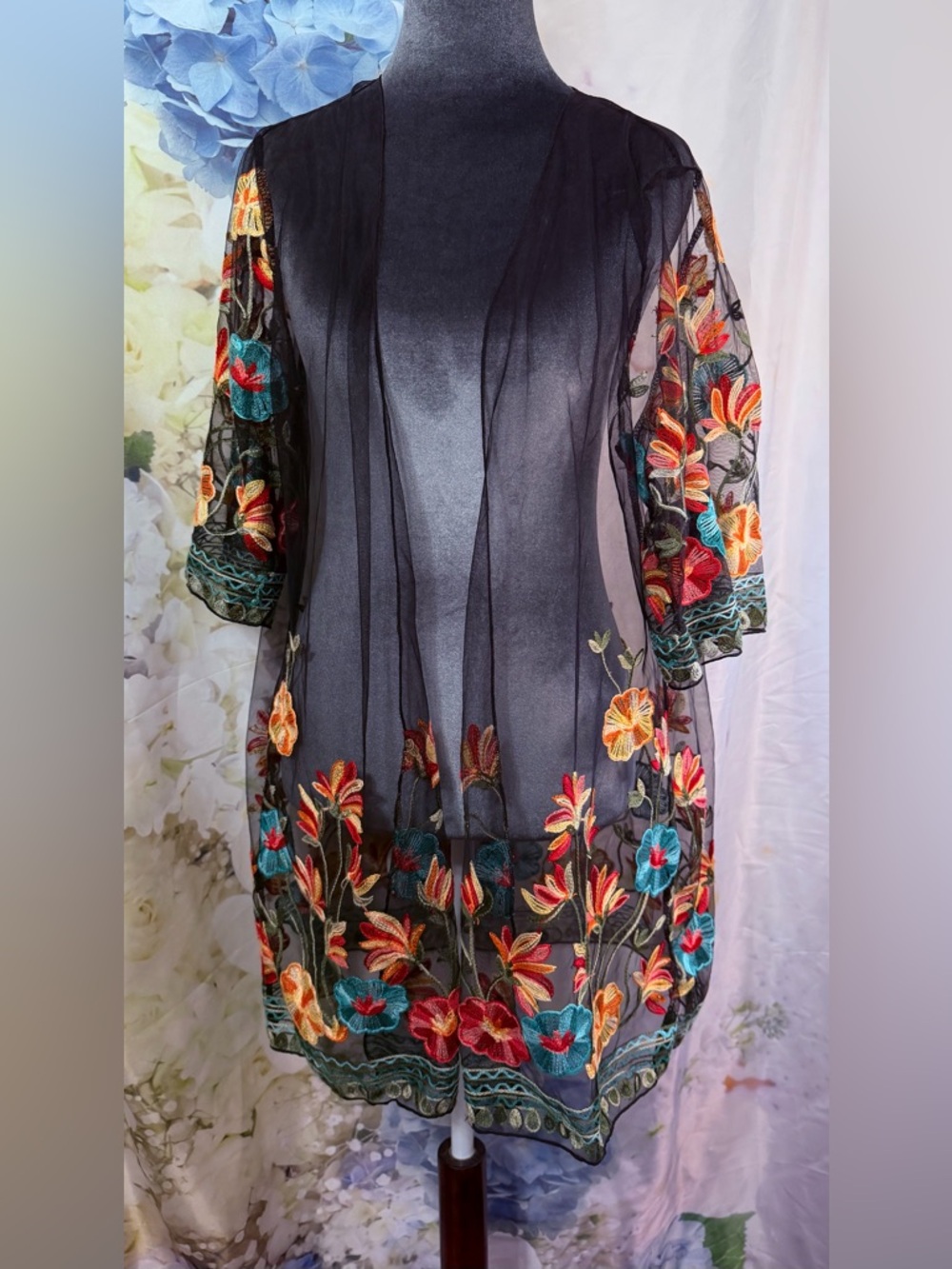 Sheer Black Bight Floral Embroidered Duster cover up robe festive Coachella